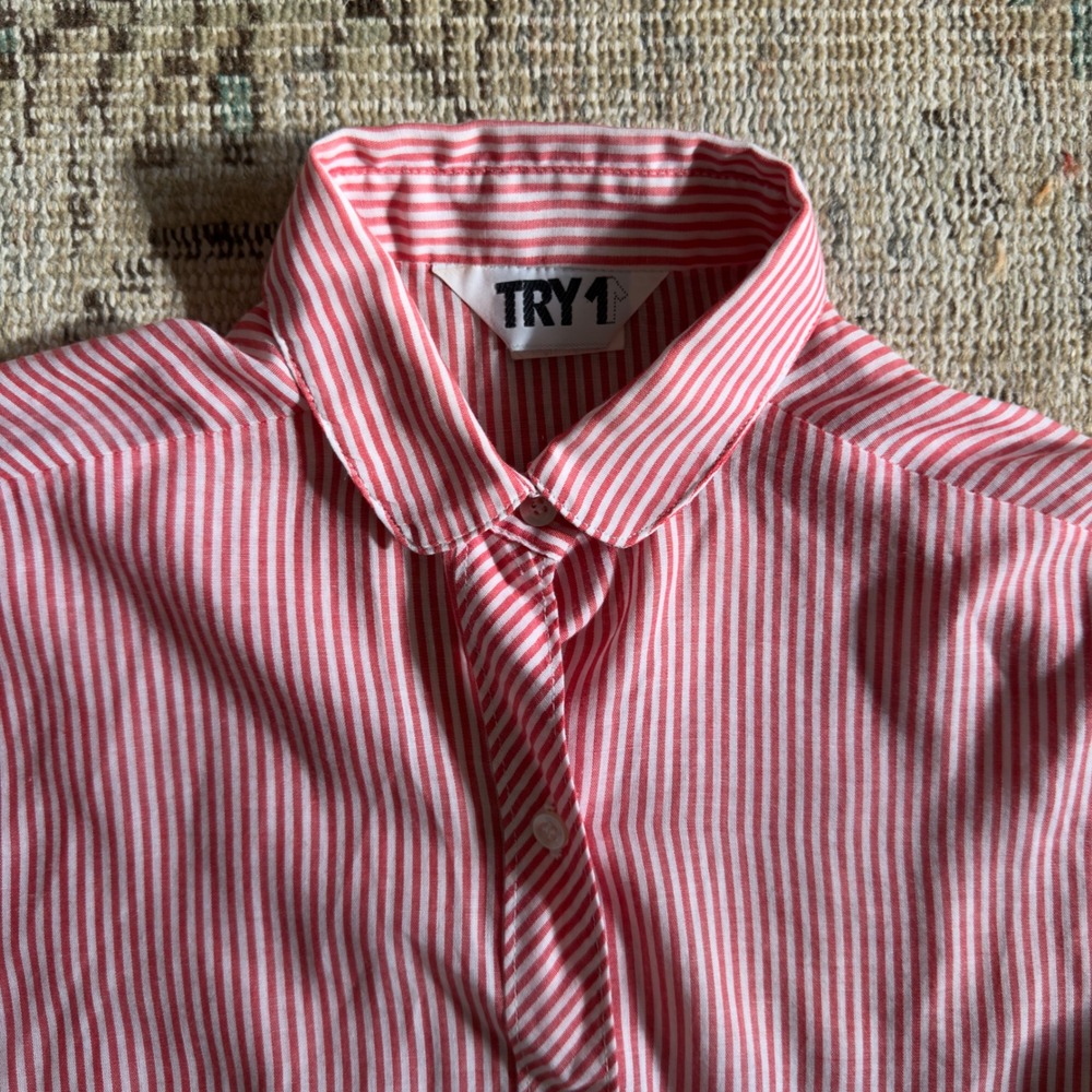 Vintage Try 1 Red White Striped Button‎ Down Blouse Puff Shoulder Long Sleeve